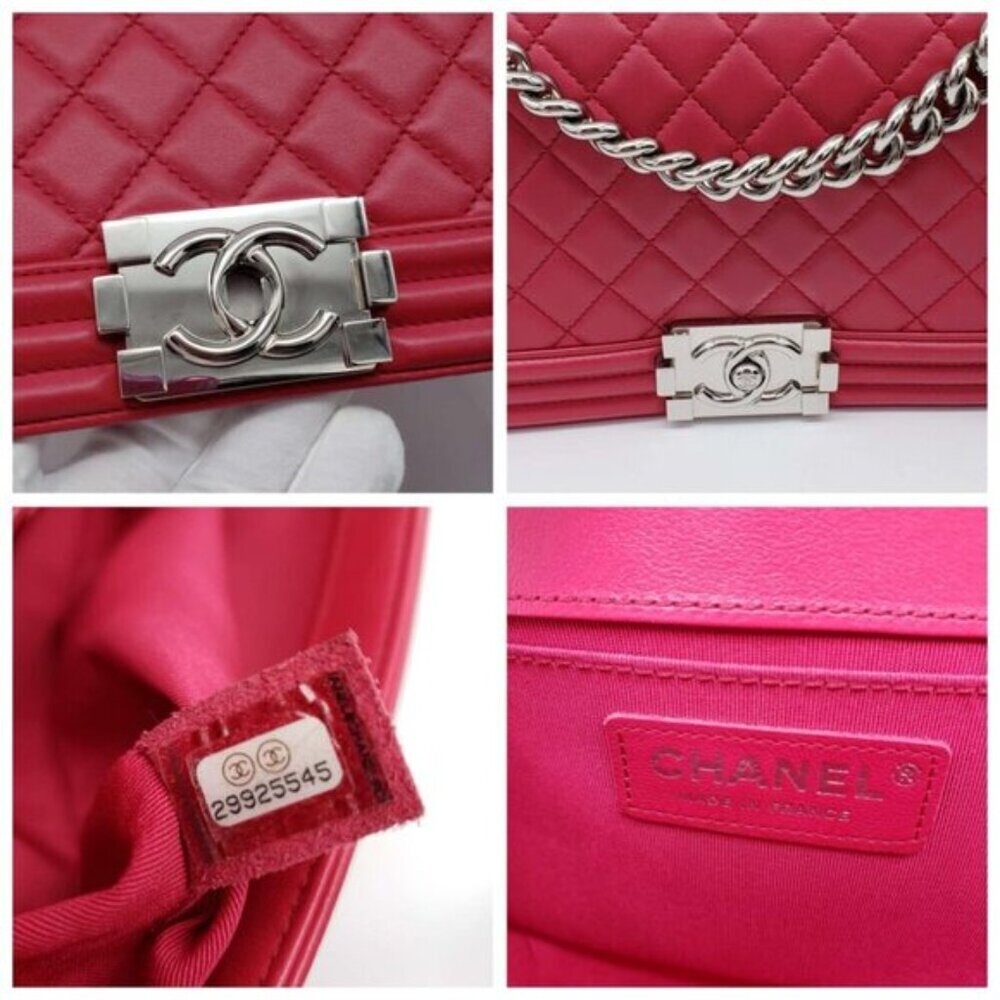 Authentic Chanel Boy Bag Red Quilted Leather Medium Flap Silver Chain CC Logo - Picture 11 of 16